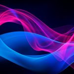a dynamic background with neon waves of electric blue, hot pink, and chartreuse, pulsating with energy.